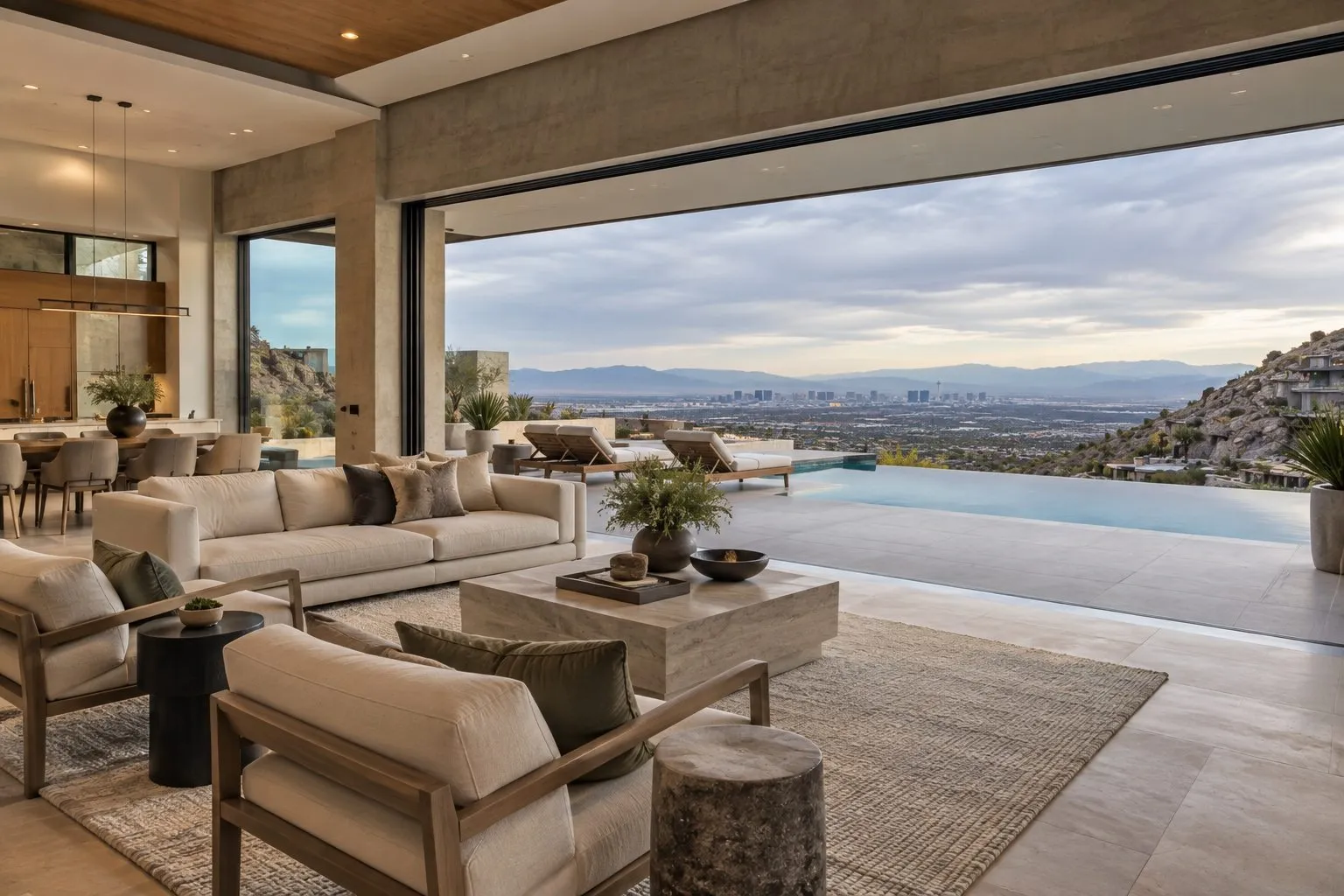 Great room of an Ascaya home opening to an infinity pool and valley view