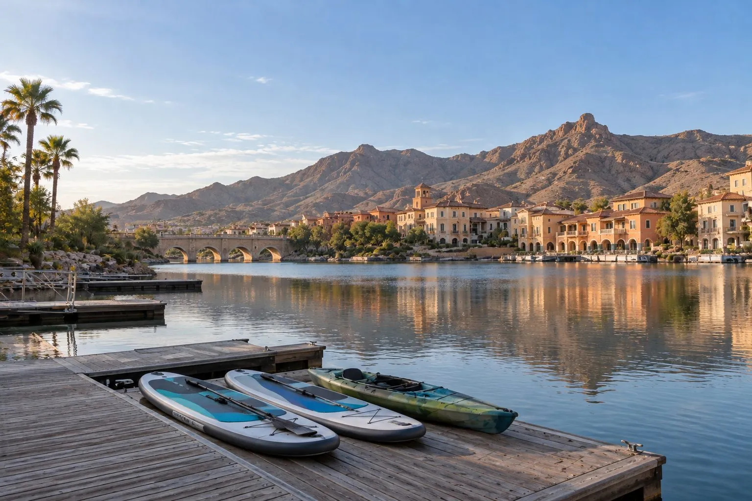 Paddleboards on a dock at Lake Las Vegas with the village across the water