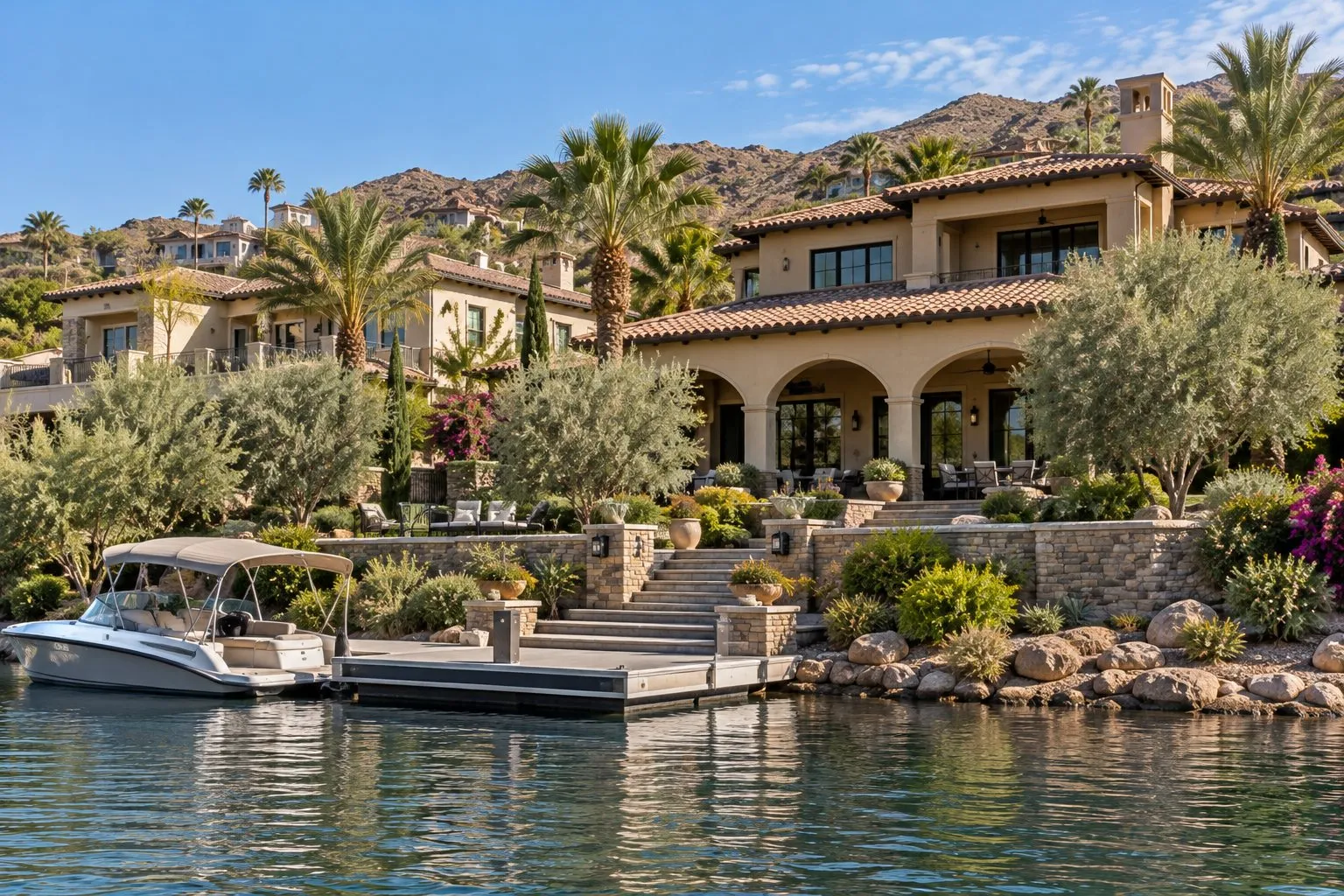 Mediterranean-style lakefront home with a private dock at Lake Las Vegas