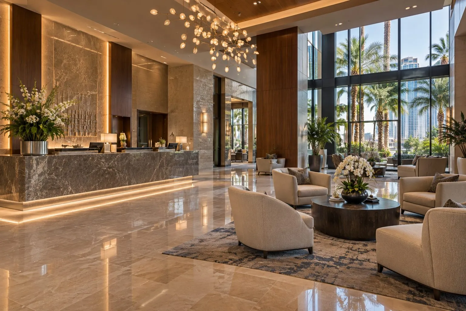 Residents' lobby of a Turnberry Place condominium tower