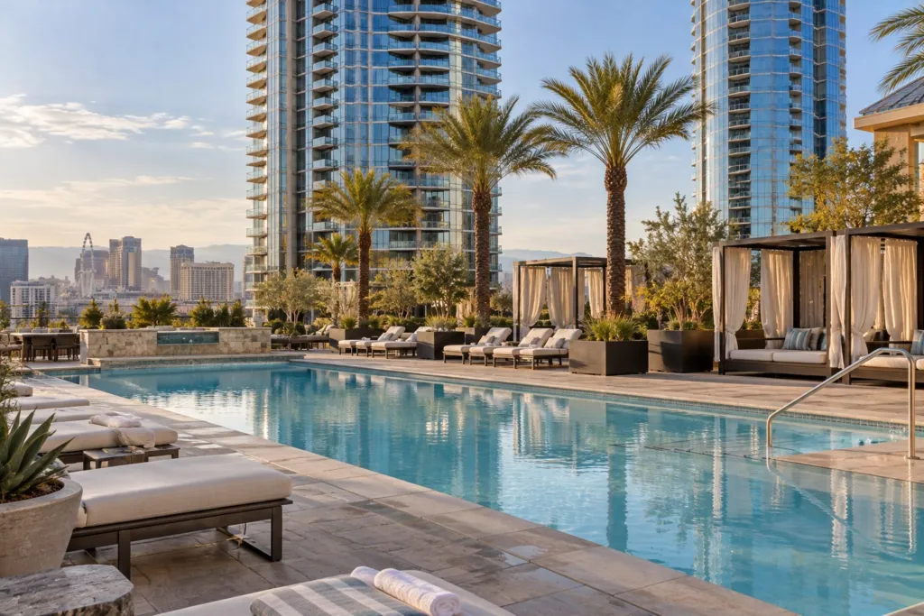 Resort-style pool deck at a Las Vegas high-rise condominium