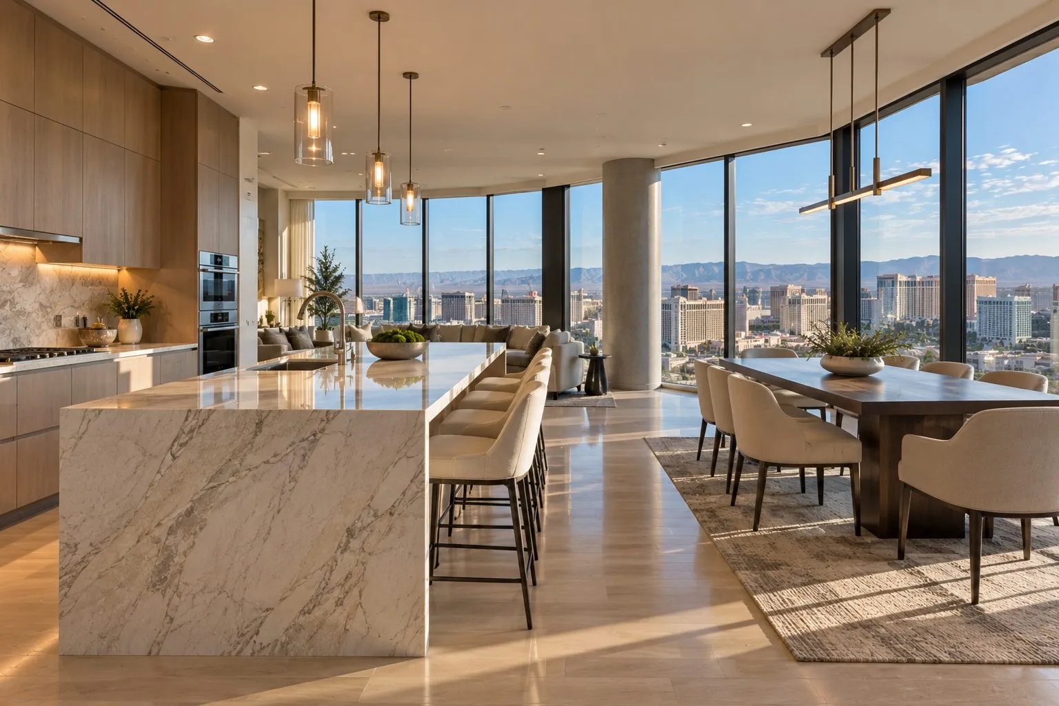Kitchen of a Strip high-rise condo with skyline views