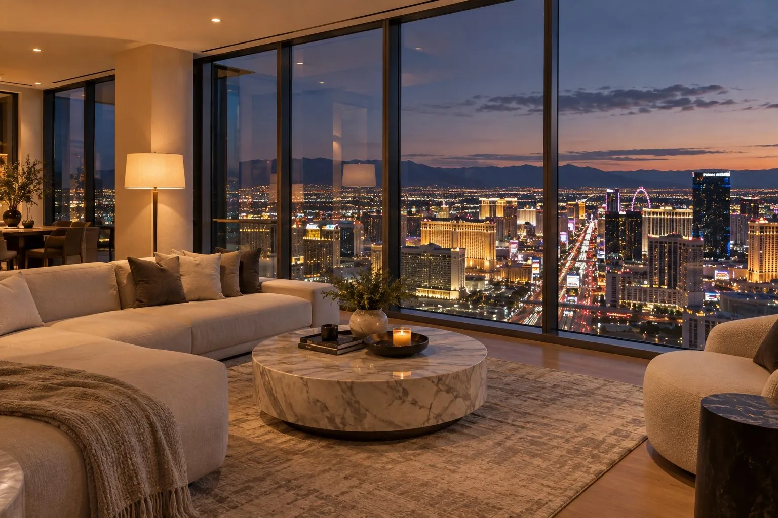 Strip high-rise condo living room overlooking the Las Vegas Strip at night