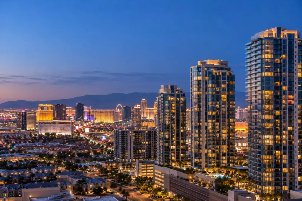 The Las Vegas Strip at night from a high-rise