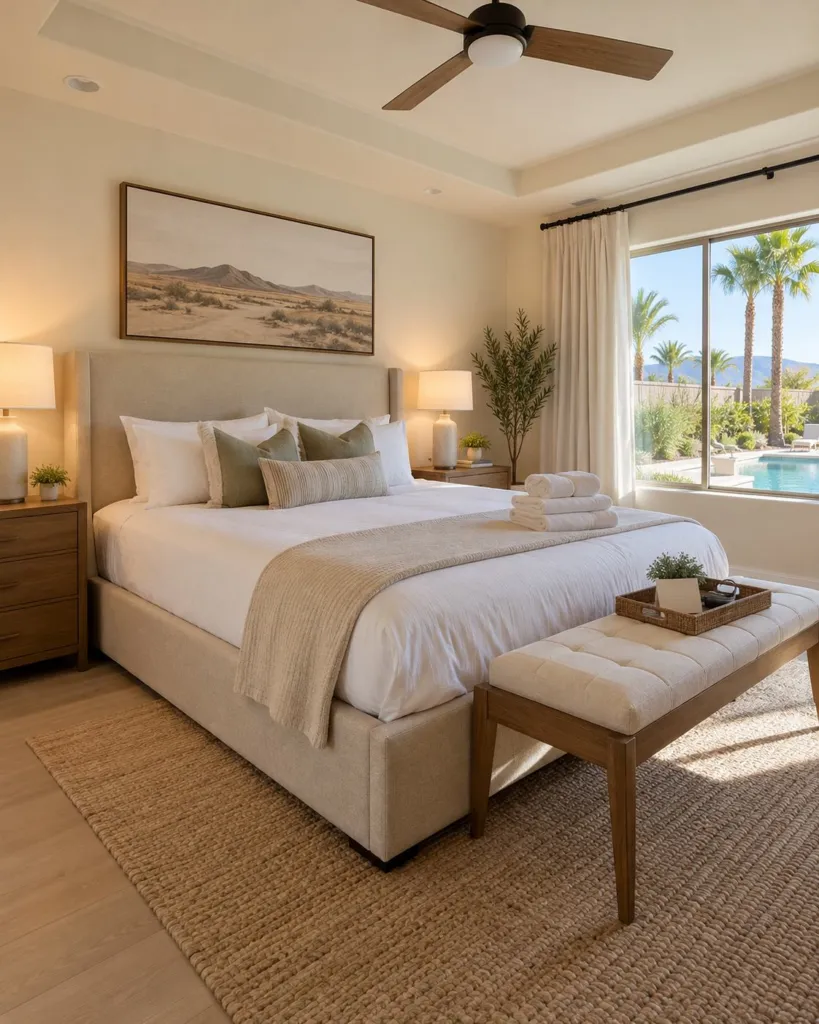 Guest-ready vacation rental bedroom with fresh linens and towels