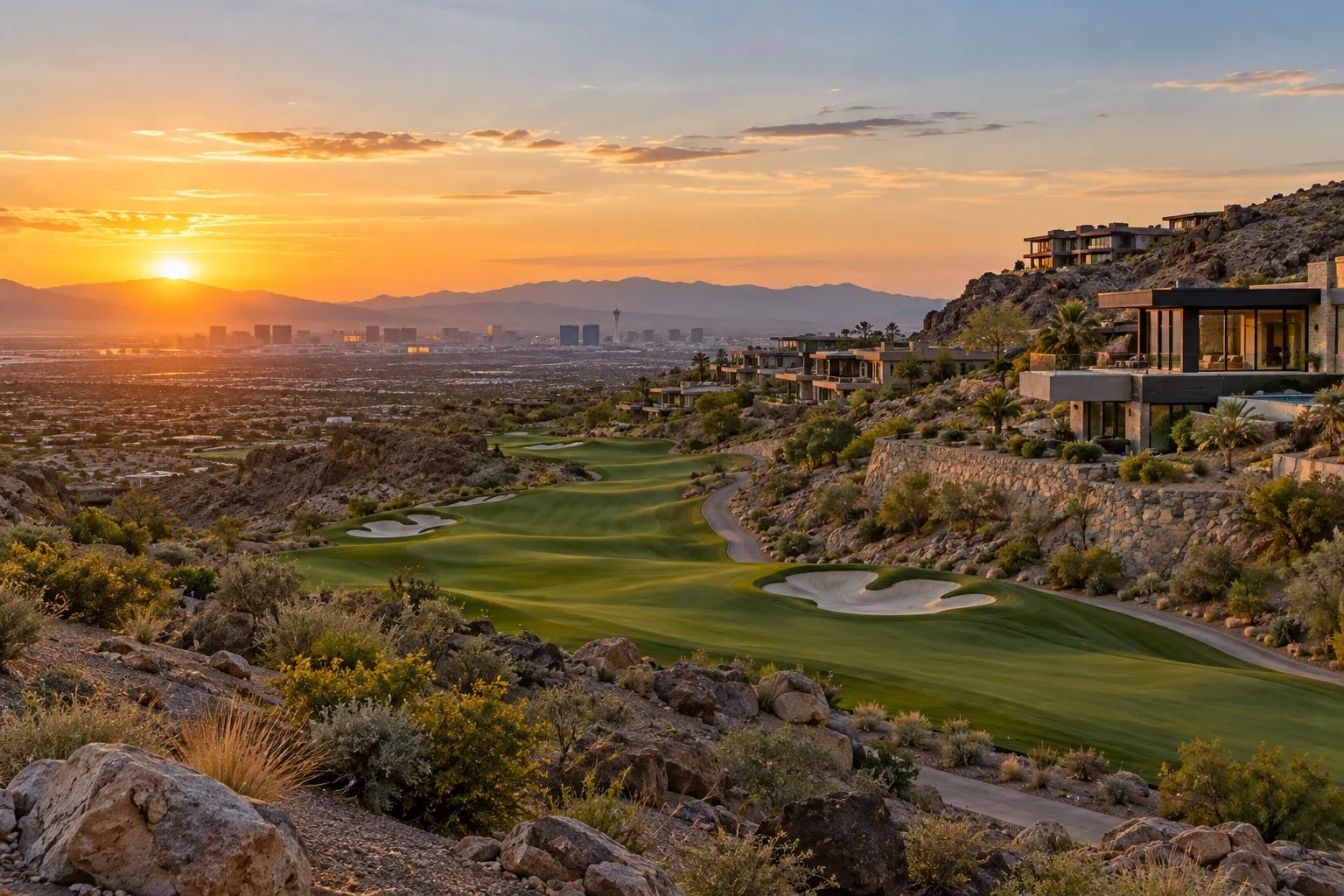 Hillside golf course and custom homes in MacDonald Highlands, Henderson