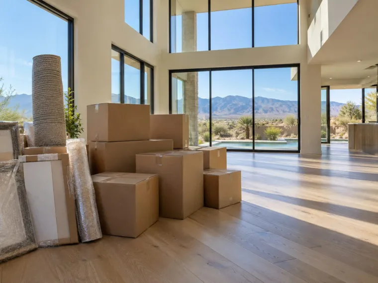 Moving boxes in a new Las Vegas home with mountain views