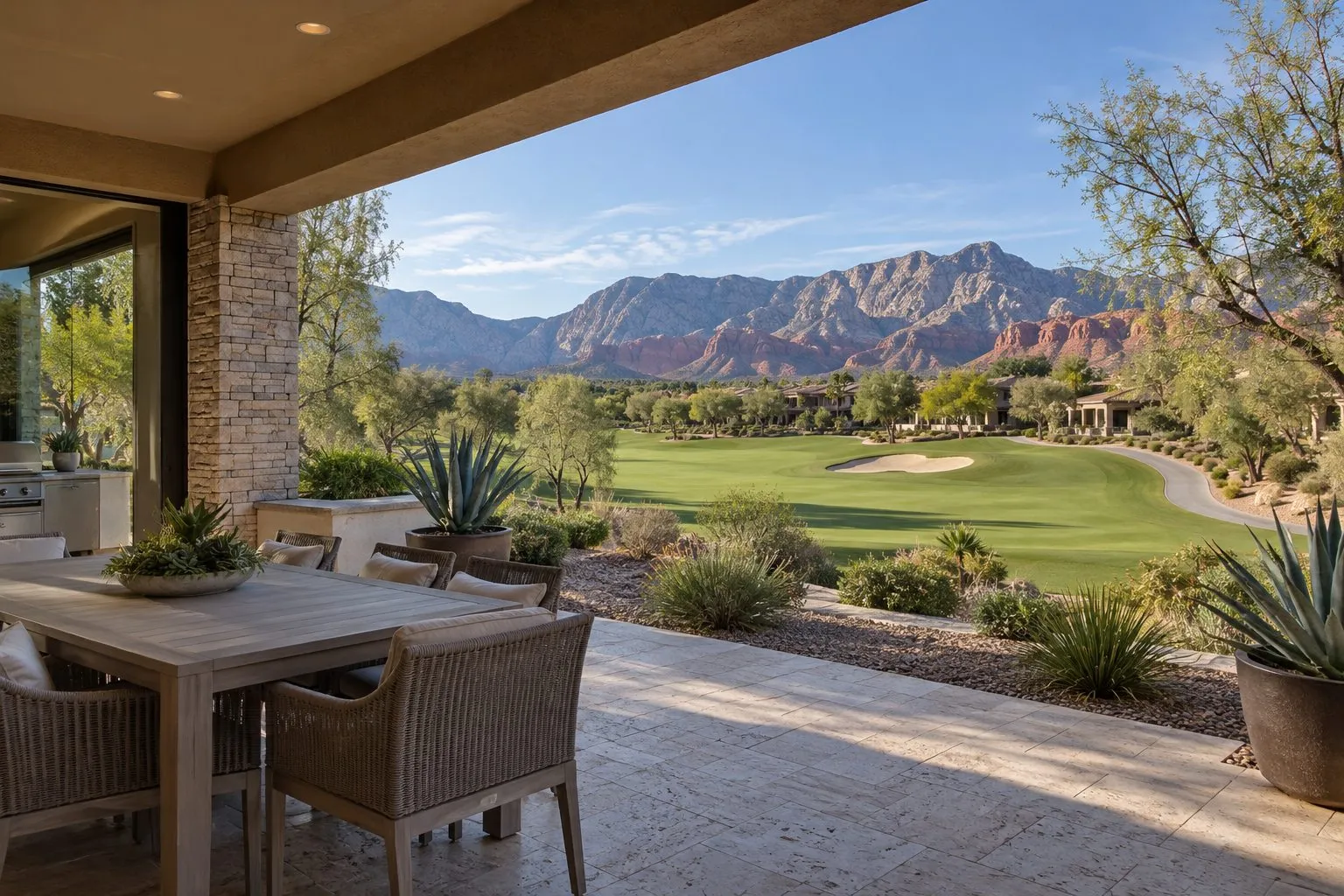 Golf villa patio at Red Rock Country Club facing the fairway and Spring Mountains