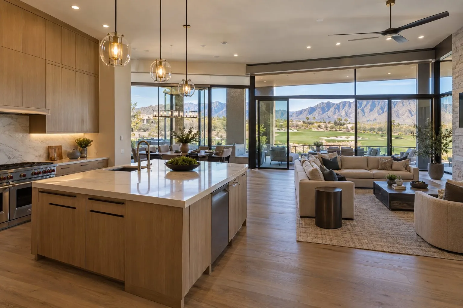 Kitchen of a Red Rock Country Club home looking onto the fairway