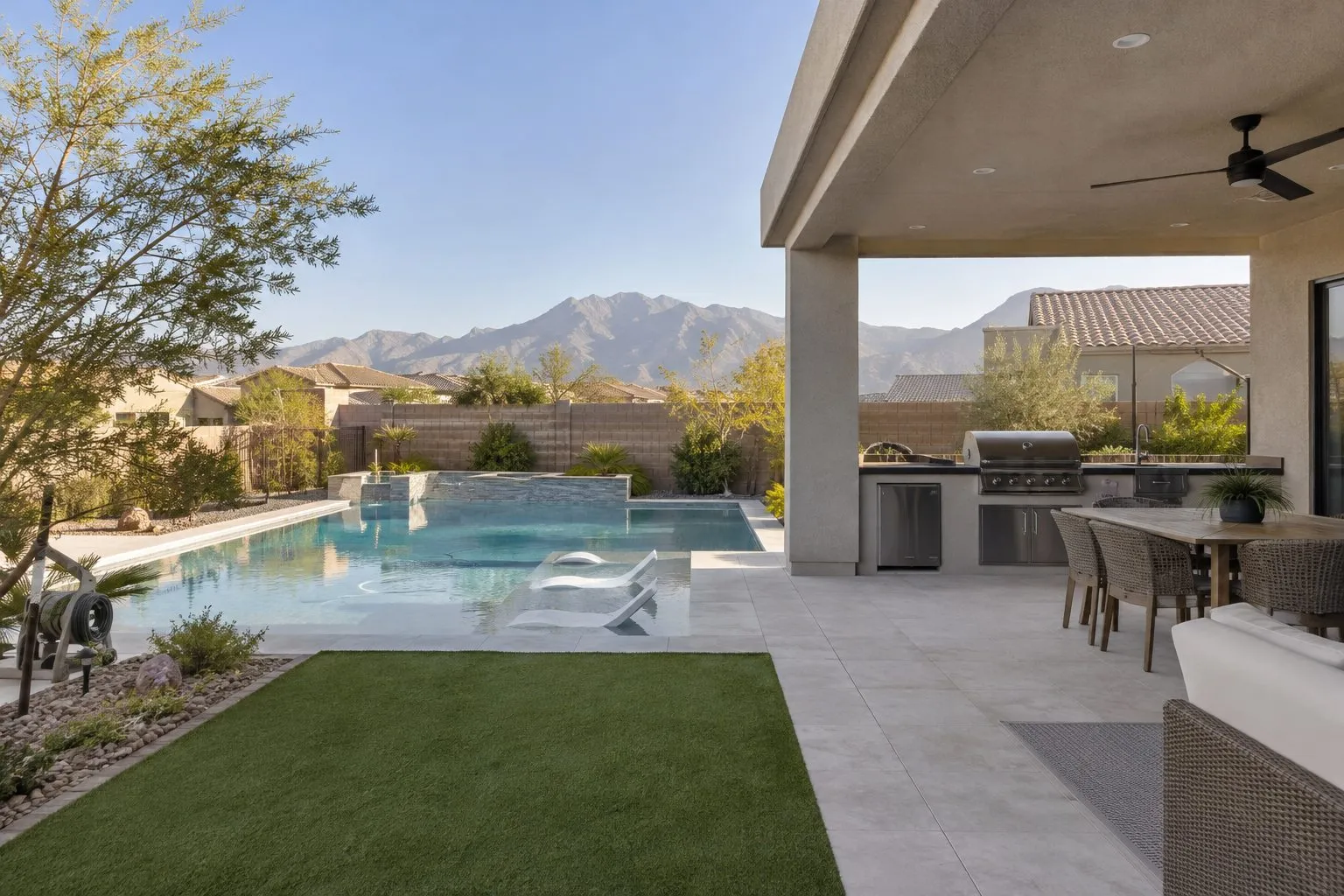 Backyard pool and covered patio of a Summerlin family home