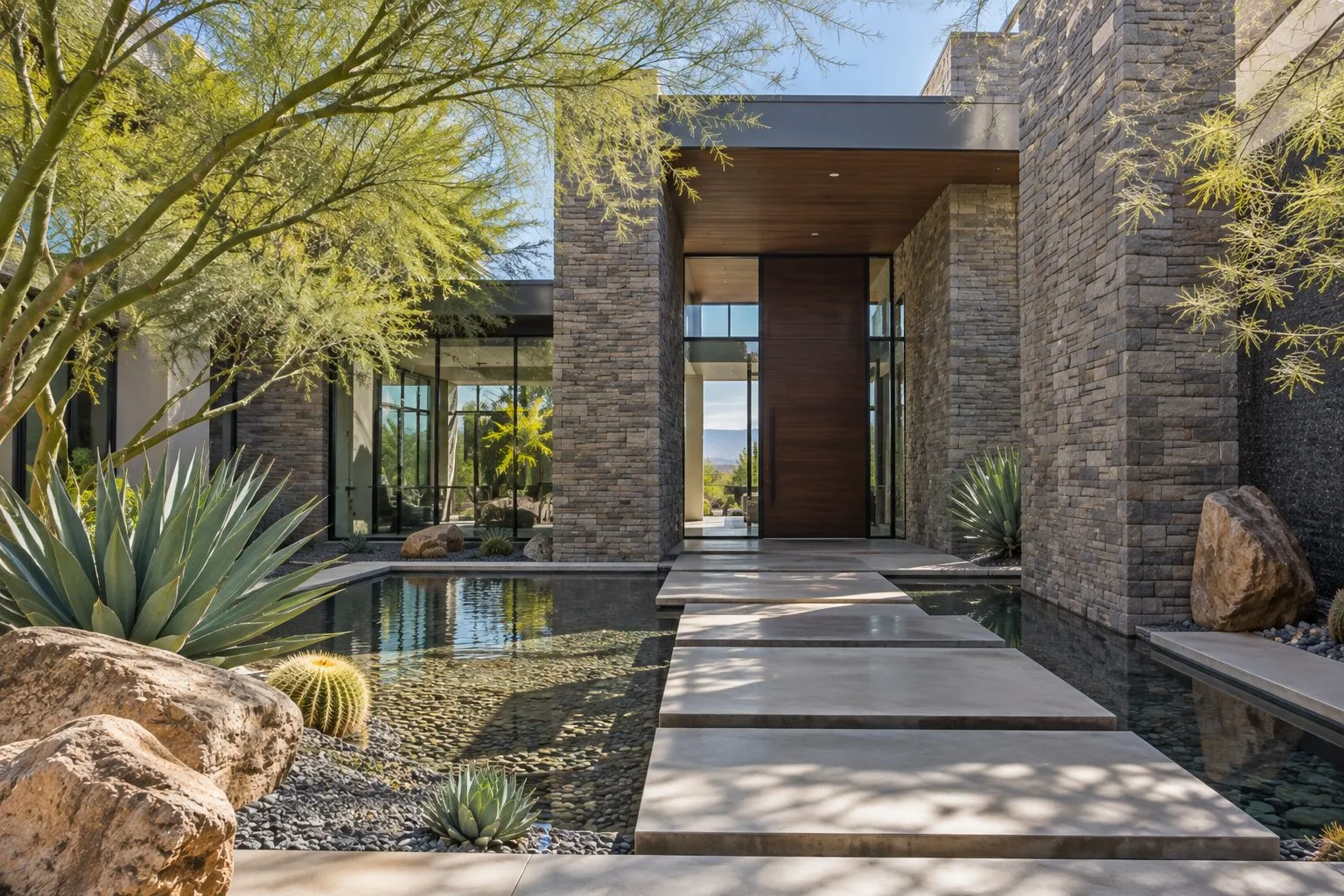 Entry courtyard of a contemporary custom estate in The Ridges