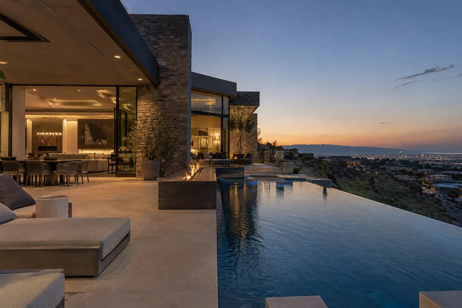 Infinity pool terrace of a custom home in The Ridges overlooking the Las Vegas valley